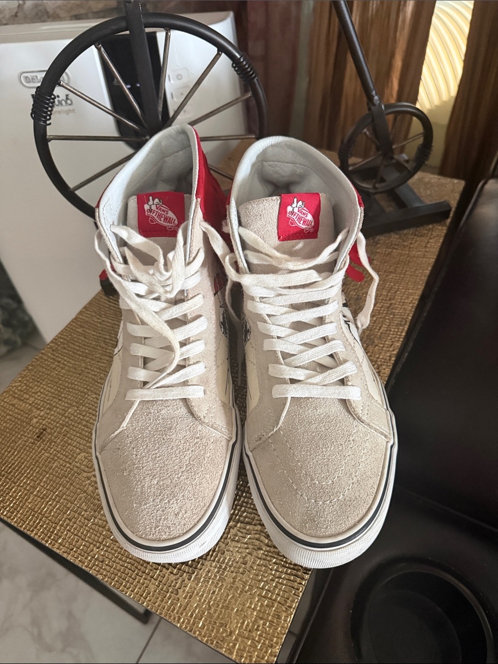 Vintage Vans Beige Suede High-Top Sneakers with Red Heel and Tongue Accents